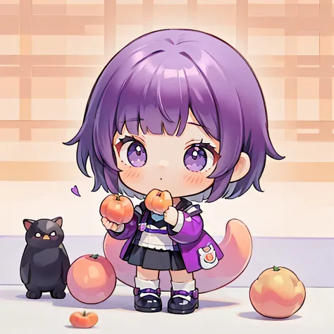 Blind Box, A cute girl eating a peach by holding it to her mouth，Purple medium short hair