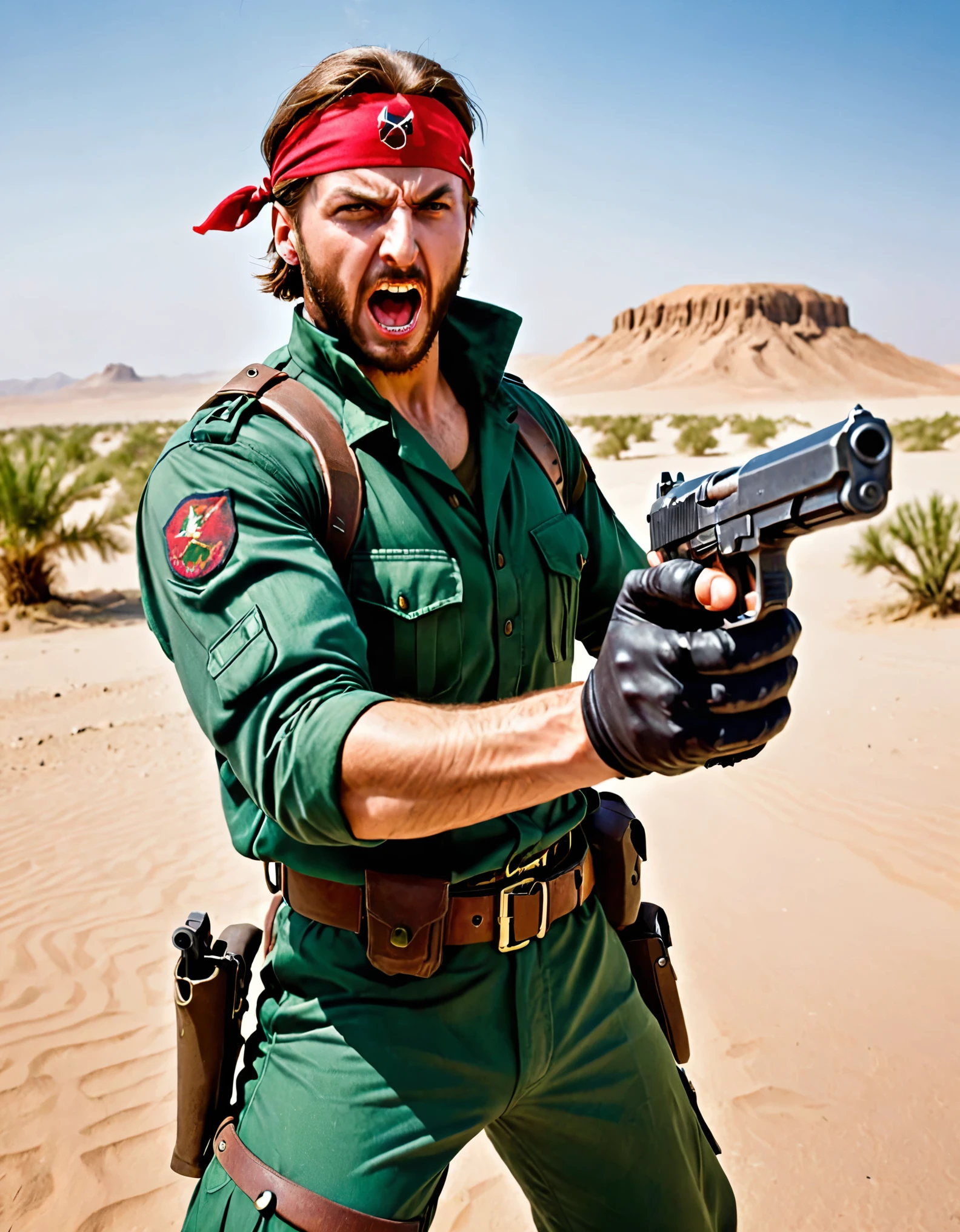 male focus, solo, solo focus, mercenary, brown hair, hazel eyes, facial hair, bullet belt, green uniform, combat boots, red bandana, (pointing a pistol at the viewer, desert eagle pistol) (angry, screaming, open mouth), war zone