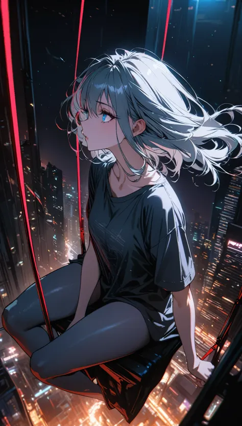 best quality, super fine, 16k, incredibly absurdres, extremely detailed, beautiful woman sitting on trapeze suspended between two skyscrapers, gazing into the distance, wearing loose long T-shirt, captivating look, wind, wind-effect, moonlit night view, (m...