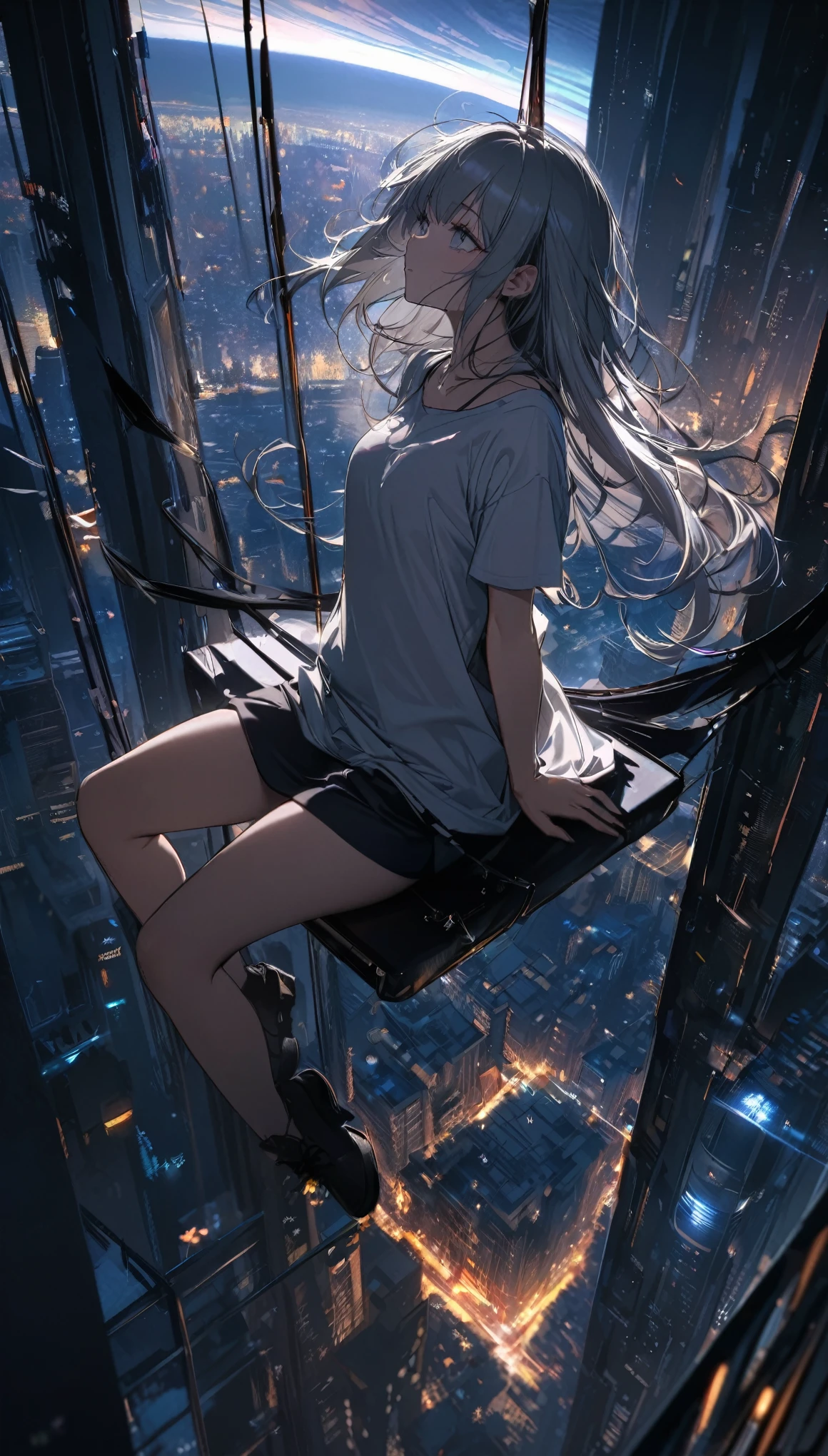 best quality, super fine, 16k, incredibly absurdres, extremely detailed, beautiful woman sitting on trapeze suspended between two skyscrapers, gazing into the distance, wearing loose long T-shirt, captivating look, wind, wind-effect, moonlit night view, (magnificent view:1.1) , clockpunk