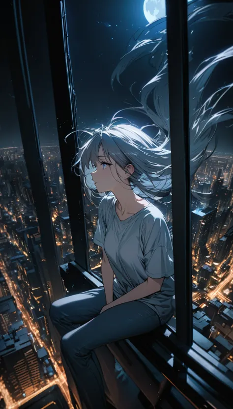 best quality, super fine, 16k, incredibly absurdres, extremely detailed, beautiful woman sitting on trapeze suspended between two skyscrapers, gazing into the distance, wearing loose long T-shirt, captivating look, wind, wind-effect, moonlit night view, (m...