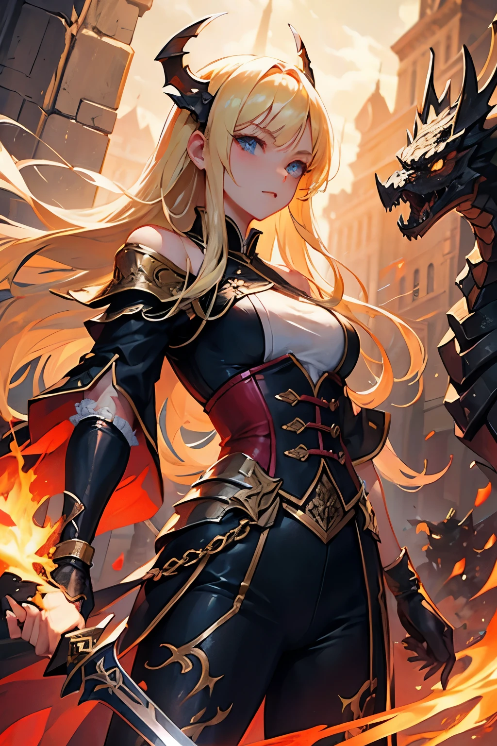 Blonde beautiful girl、Holding a sword in his hand, he is fighting a black dragon。