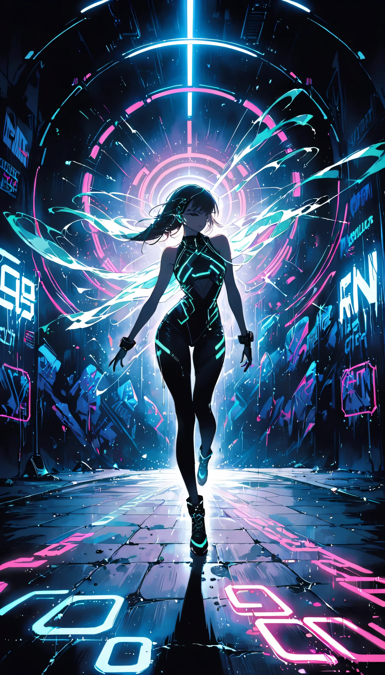 DemiHawks, Zersiedelung, Frau, urban Tanzen clothing, dramatische Beleuchtung, Hoher Kontrast, Silhouette, posterwürdig, Straßenmode, Graffiti, Neonlicht, Schatten, Dystopie, cyber punk, futuristisch, Science-Fiction, Tron, Blade Runner, Elysium, Westworld, Schwarzes Neon, Tanzen, Flüssigkeit, Dynamisch, Energie, Bewegung, Form, Leistung.