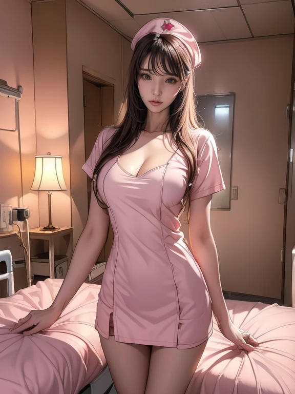 Pornographic Images,Cinematic scene,Fantasy Art,Highest image quality,hyperrealistic portrait,(8K),Ultra-realistic,Best Quality,High quality,High Definition,high quality texture,high detailing,Beautiful detailed,fine detailed,extremely details CG,Detailed texture,realistic representation of face,masutepiece,presence,Dynamic,Bold,1gir,(ideal ratio body proportions:1.5),Ultra detailed skin,Curve,,Beautiful breasts,Large breasts,pale skin,(Thin hair),(Soft hair),(ultra straight hair),Swept long bangs,very light coppery amber hair,Hair over one eye,(pink nurse uniform:1.3),(gravure pose:1.5),(hospitals、Hospital Room、Patient bed:1.5)