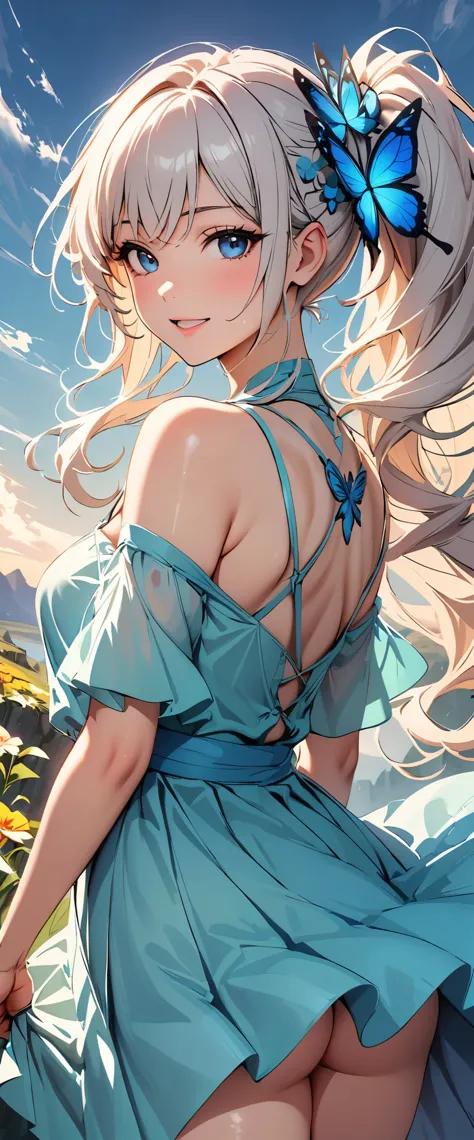 (highest quality:1.2, Very detailed, Latest, Vibrant, digital coloring, High Contrast, masterpiece:1.2, highest quality, Best aesthetics, spirit of the wind), 1 female, Silver Hair, Side Ponytail、(((Blue butterfly hair ornament, Blue Butterfly Dress:1.2)))...