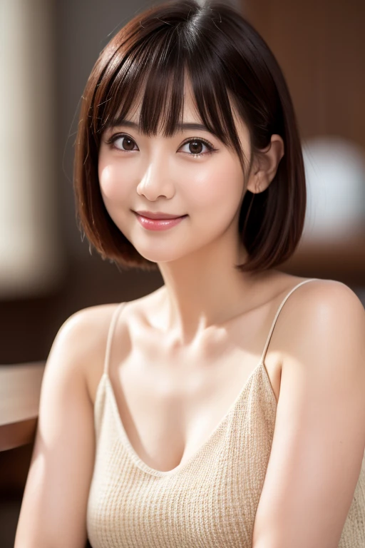 (8k, RAW Photos, highest quality, Tabletop: 1.45), (Realistic, PhotoRealistic: 1.37), one girl, cute, smile, Daytime, Professional Lighting, Tabletop, Rich details, (素晴らしいhighest qualityの写真), (Fine Eye) , High quality photos, High resolution,  (Tabletop), Realistic, Extreme light and shadow, Gradient black hair, Small breasts, Even bangs、Short Bob Hair、28 years old、light makeup、Look in front of you, Thin clavicle,Deep V-neck slip dress, (Improve the beauty of skin texture:1.1),