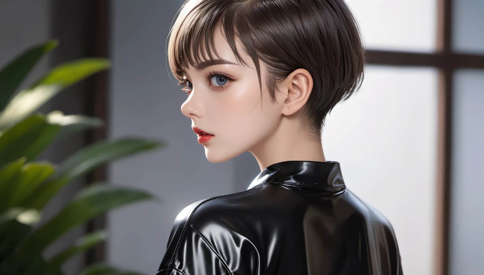 Top Quality, Masterpiece, High Resolution, 8k, (((skinny girl in oversized rubber shirt with bare back and hot pants, small perky breasts, beautiful detailed eyes, beautiful detailed lips, small closed mouth, extremely detailed face, pixie side shaved hair cut, small hips)))