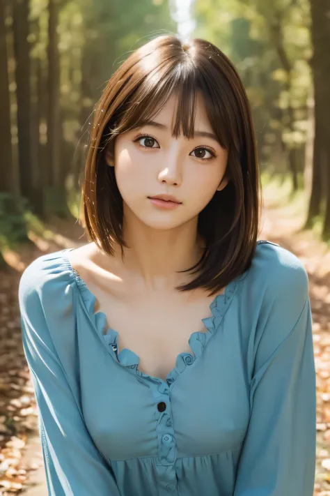 one Japanese girl, (a beauty girl, delicate girl:1.3), (20-year-old:1.0), break, (summer、 blouse:1.3), break, (in the forest:1.3...