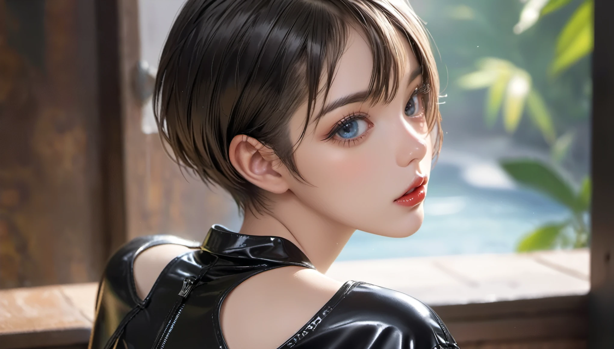 Top Quality, Masterpiece, High Resolution, 8k, (((skinny girl in oversized rubber shirt with bare back and hot pants, small perky breasts, beautiful detailed eyes, beautiful detailed lips, small closed mouth, extremely detailed face, pixie side shaved hair cut, small hips, behind back)))