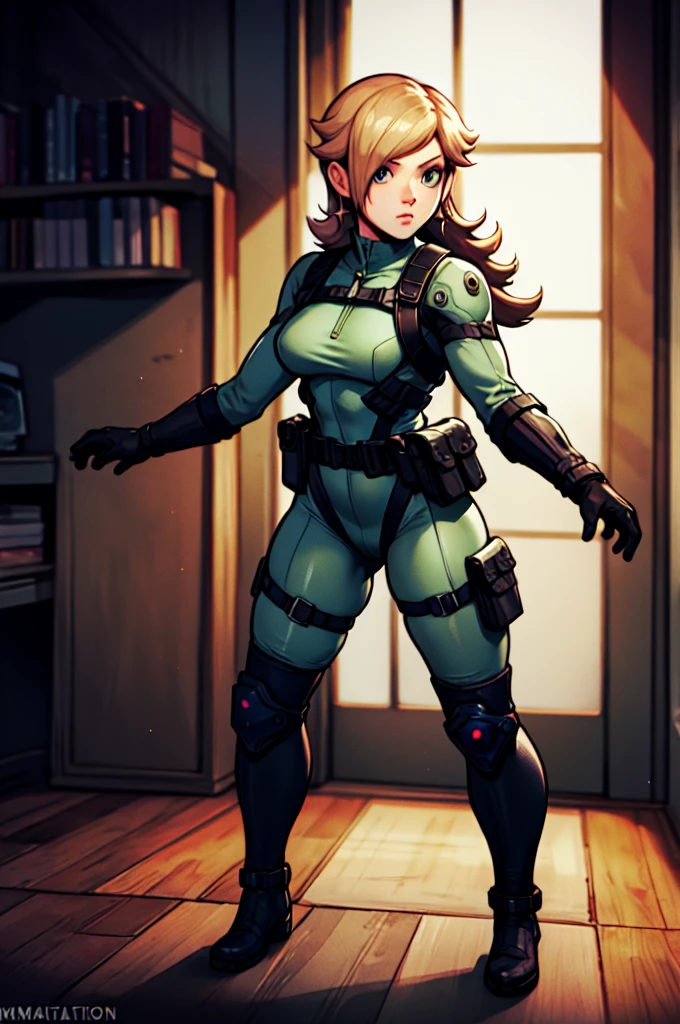 rosalina reimagined as a female solide snake frome metal gear solid, full body, action pose, on infiltration scene, tactical gear,