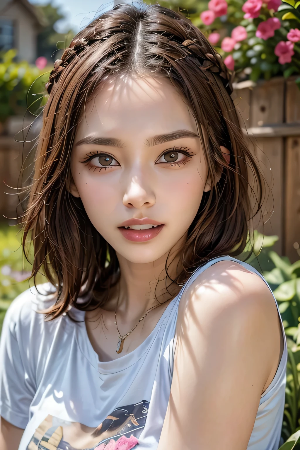 (8k, RAW Photos, highest quality, masterpiece, Realistic, Realistic), (1 female), (Ultimate beauty), Highly detailed face, (Perfect Teeth), Beautiful Eyes, double eyelid, eyelash, smile, Lip details, Brunette Bob, The light shines on your face, Big Breasts, ((T-Shirts)), ((Upper Body)), (background: garden), ((Written boundary depth))