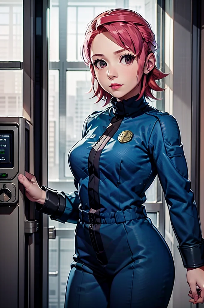 Mayl Sakurai reimagined as a vault dweller in vault doing maintenance, pipboy, pink hair, 26year old, vault dweller jumpsuit,milf