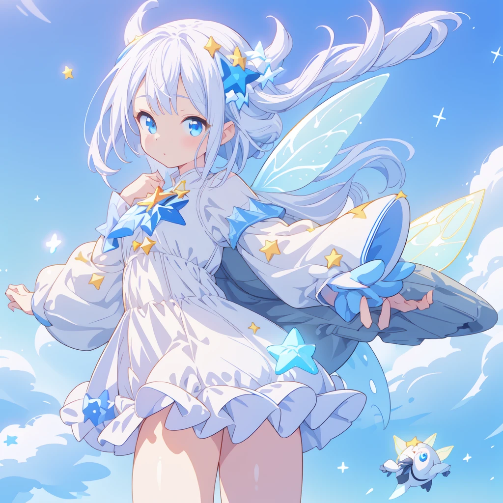 1girl,Ultra-fine、Super beautiful、masterpiece、highest quality、Masterpiece、Official Art、16k、(((Ride a star-shaped flying vehicle　Star Fairy)))、Milky white and blue gradient long hair,purifierai,kawaii tech,pop style