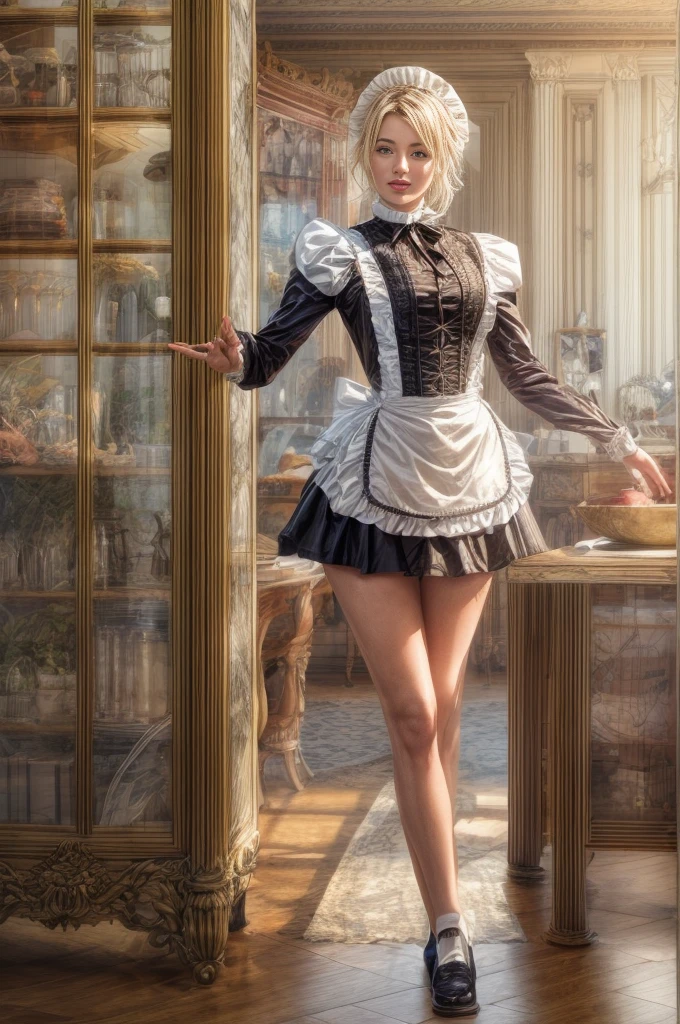 Masterpiece, cute blond german maid full body photography, photorealistic modern, in the style of , Artstation Deviant art Pinterest Cgsociety Behance Pixiv, sunlight, ((victorian maid outfit)), mediuml breasts , cleavage, thin tighs, kitchen background, young face, smooth and pale skin, slender slim body, medium breasts, (marylin monroe haircut), blue eyes, intricate scenery HDR post-processing 16k cinematic fine details very detailed trending on artstation