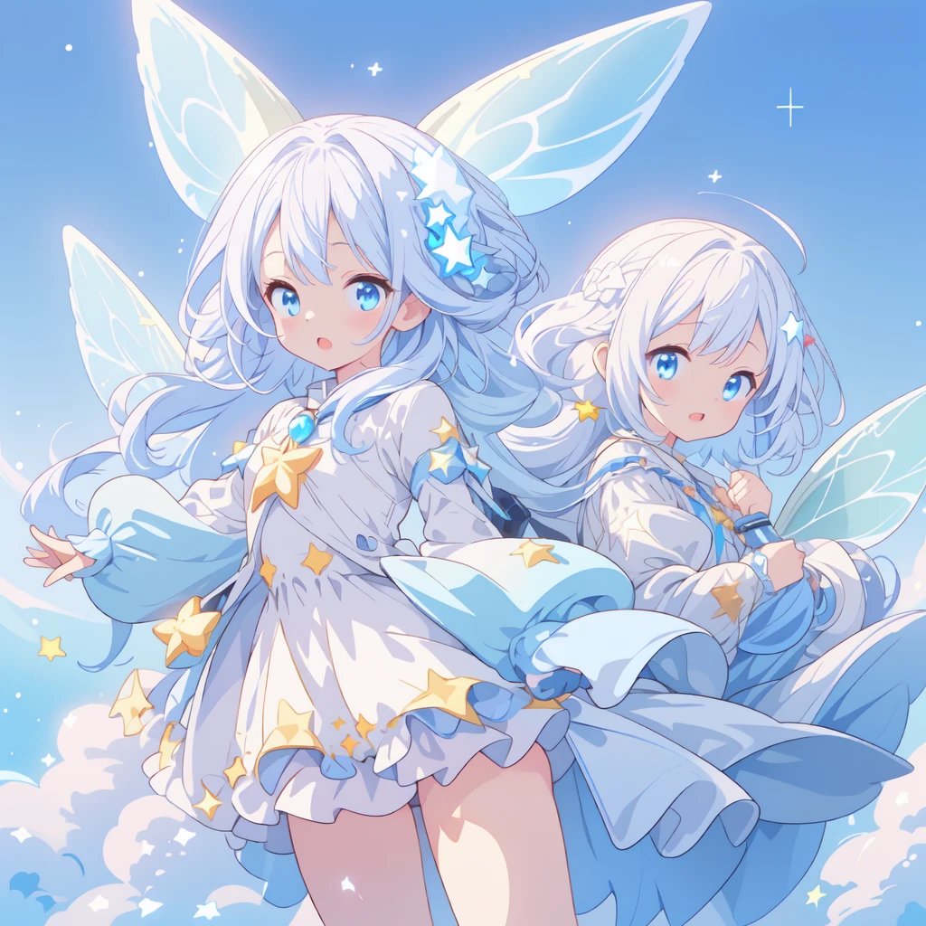 1girl,Ultra-fine、Super beautiful、masterpiece、highest quality、Masterpiece、Official Art、16k、(((Ride a star-shaped flying vehicle　Star Fairy)))、Milky white and blue gradient long hair,purifierai,kawaii tech,pop style