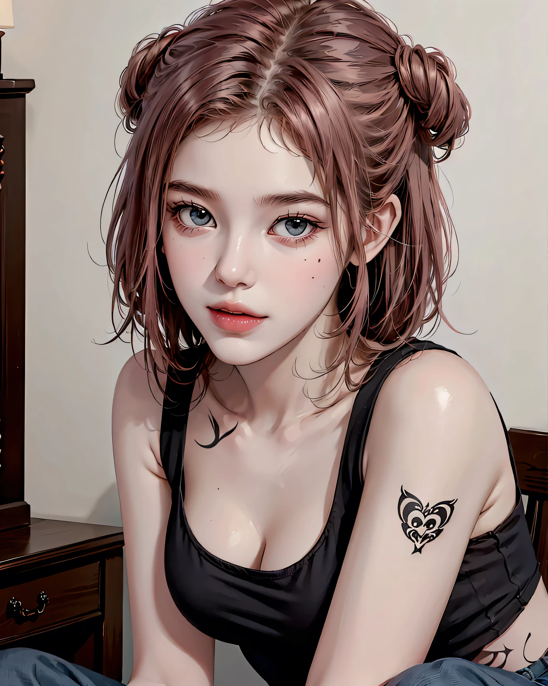 (Random Porn Pose),(Random Hairstyles),(Best image quality,(8k),Ultra-realistic,最high quality, high quality, High resolution, high quality,Attention to detail,Beautiful details,Fine details,Extremely detailed CG,Detailed Texture,Realistic facial expressions,masterpiece,before),See-throughブラ,tight,stockings,Pink Hair, Shorts, (((Tight waist))), ((Big Breasts)),(See-through),(((He has many tattoos all over his body)),