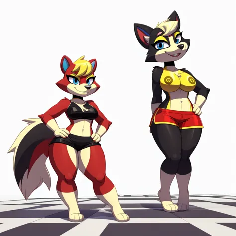 A Sexy black Anthro skunk wearing red shorts and has thick sexy thighs, standing on a Souless, lifeless, position and in a white...