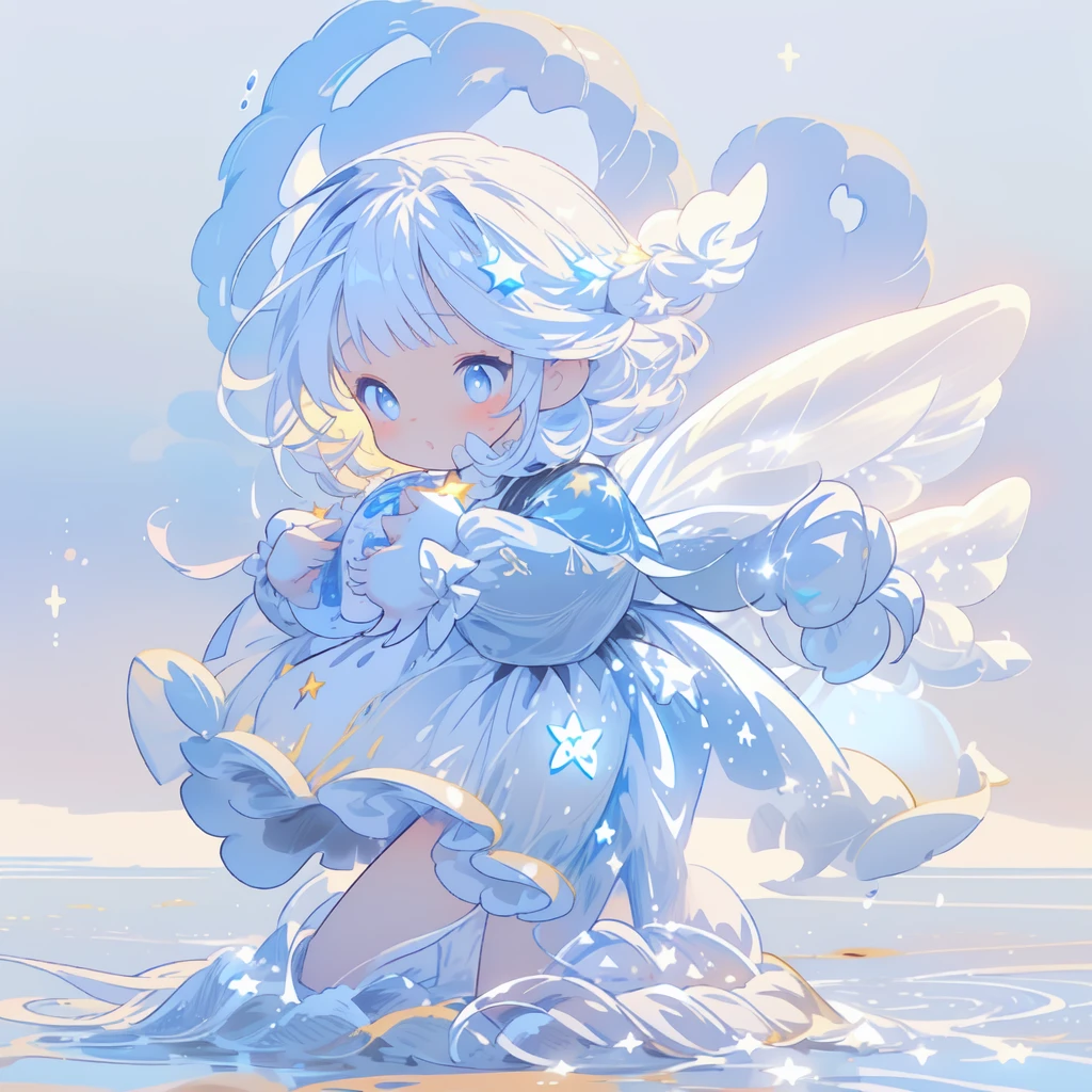 1girl,Ultra-fine、Super beautiful、masterpiece、highest quality、Masterpiece、Official Art、16k、(((Ride a star-shaped flying vehicle　Star Fairy)))、Milky white and blue gradient long hair,purifierai,kawaii tech,pop style