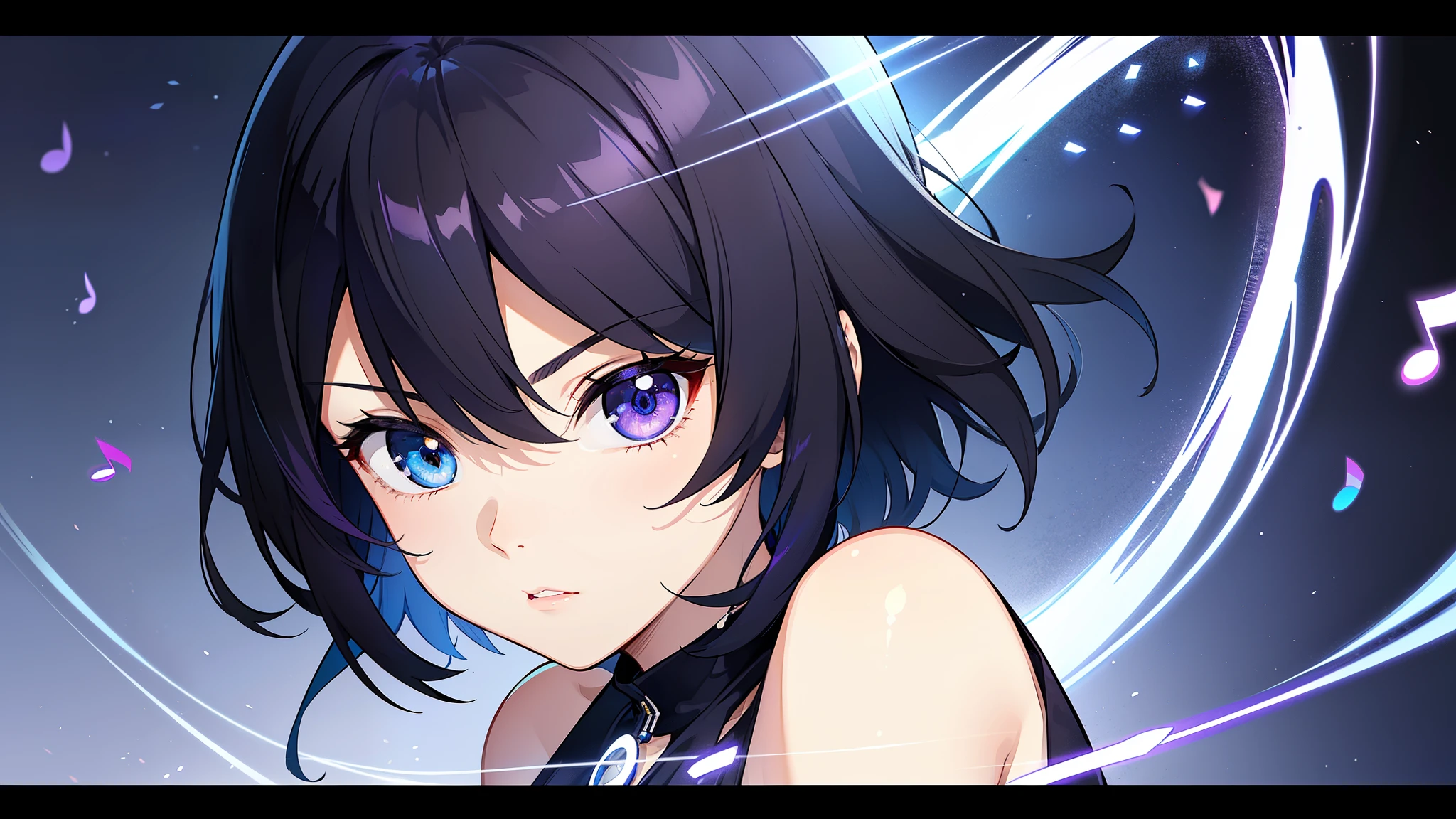 (high-quality, breathtaking),(expressive eyes, perfect face) 1female, girl , solo, teenager, asian woman hairstyle, short hair length, soft wave, black hair color, Heterochromia left eye blue and right eye purple, short white dress, black long sleeved cardigan, blue and purple background, music
