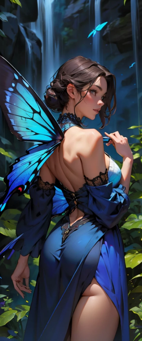 ((masterpiece, highest quality, Highest image quality, High resolution, photorealistic, Raw photo, 8K)), ((Extremely detailed CG unified 8k wallpaper)), A lone blue butterfly fluttering in the starry sky, Huge butterfly wings from the back, (blue glowing wings), Blue wings shining in the dark night, summer dress fluttering,