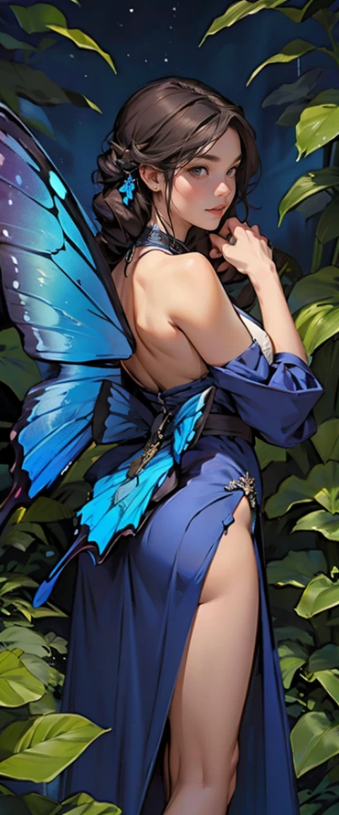 ((masterpiece, highest quality, Highest image quality, High resolution, photorealistic, Raw photo, 8K)), ((Extremely detailed CG unified 8k wallpaper)), A lone blue butterfly fluttering in the starry sky, Huge butterfly wings from the back, (blue glowing wings), Blue wings shining in the dark night, summer dress fluttering,