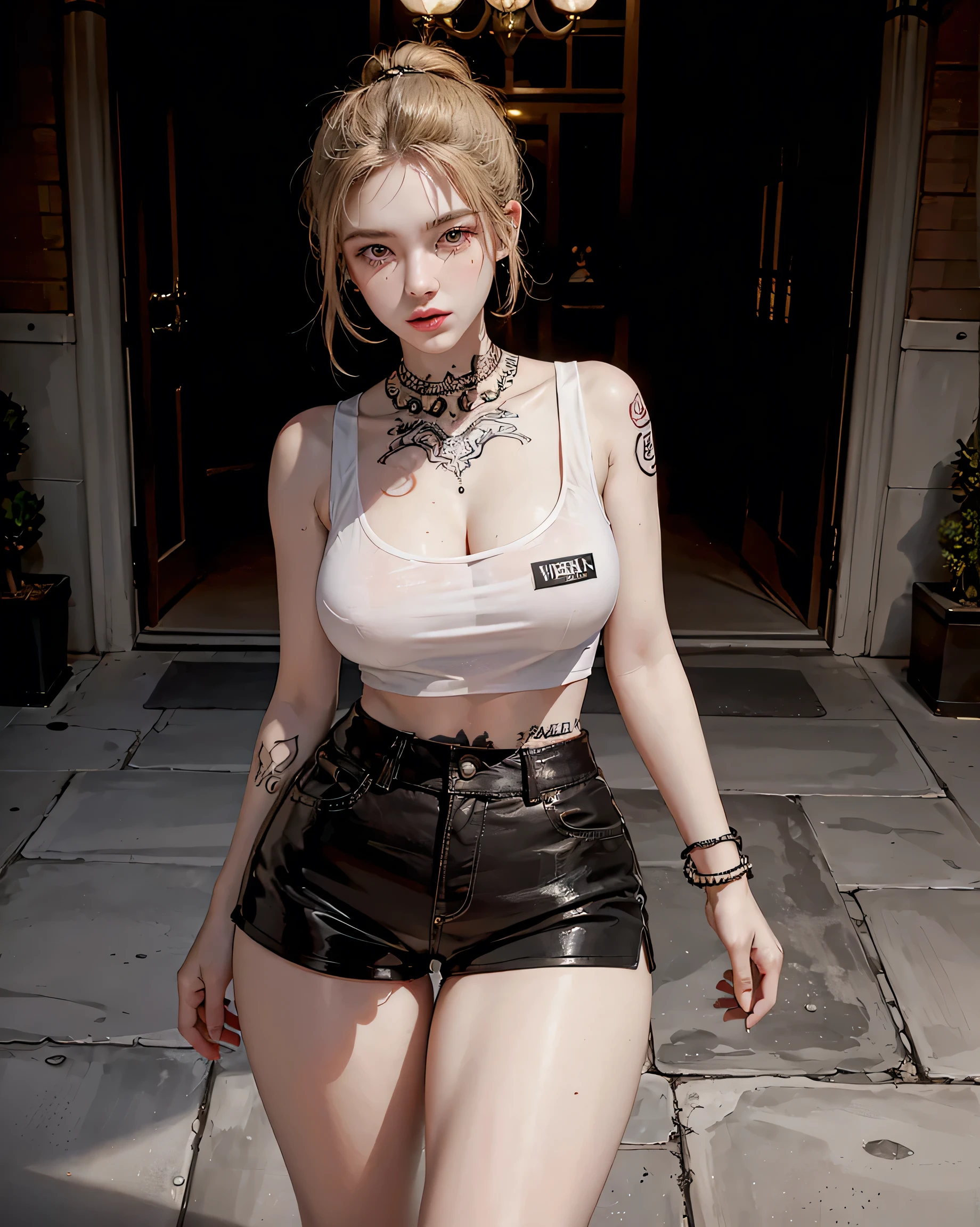 (Browsing Caution:0.7), Perfect Style, Beautiful Face, Highly detailed face and skin texture, (Maximum resolution: 1.2), 1 female,Hip Up, jewelry, (((He has many tattoos all over his body)), Streetwear, (((Tight shorts))), blonde, ,sneakers, (((Tight waist))), ((Big Breasts)),(See-through)