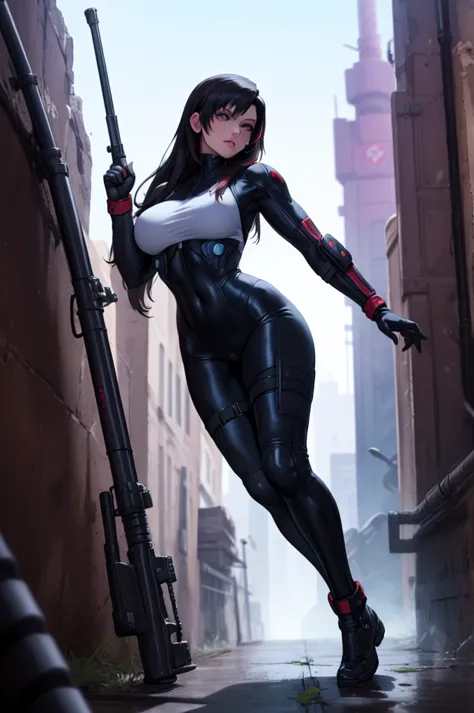 tifa lockhart reimagined as a female solide snake frome metal gear solid, full body, blue bodysuit, sneaking suit, action pose, ...