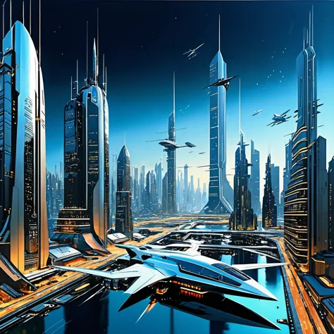 imagine a sprawling futuristic cityscape, inspired by the iconic sci-fi works of john berkey. leonardo ai is seamlessly woven in...