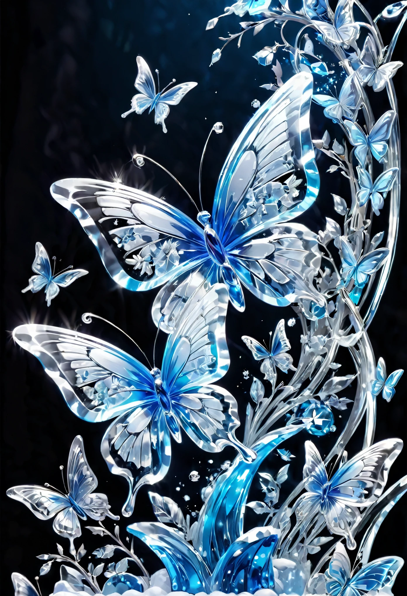 best quality, super fine, 16k, incredibly absurdres, extremely detailed, delicate, flashy and dynamic depiction, ice sculpture, many flapping butterflies made of ice, blue color, blue light, blue gradation, all blue