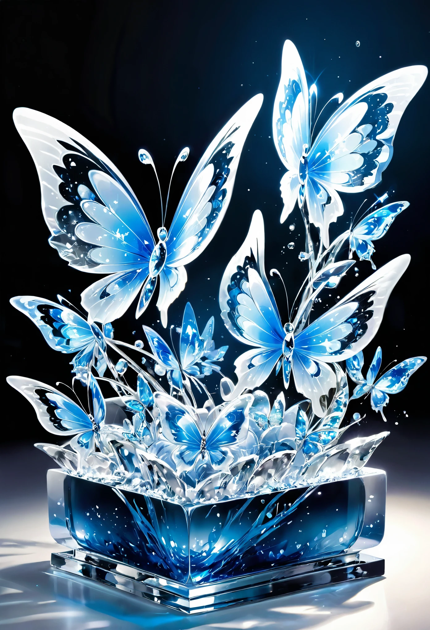 best quality, super fine, 16k, incredibly absurdres, extremely detailed, delicate, flashy and dynamic depiction, ice sculpture, many flapping butterflies made of ice, blue color, blue light, blue gradation, all blue