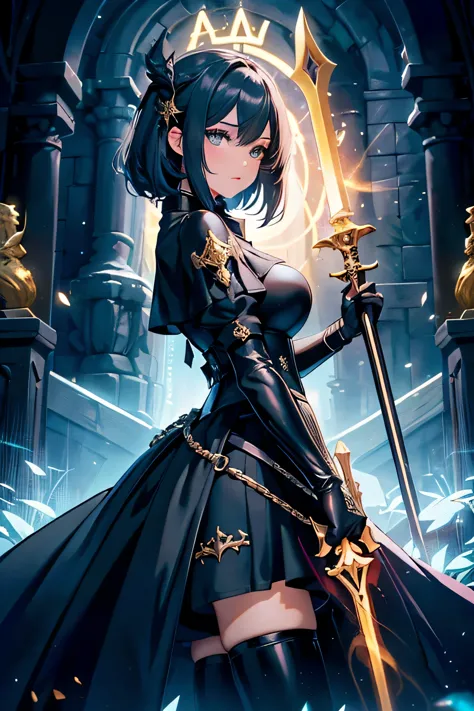 Style fantasy, a woman in black outfit , the girl holding a big gold luminescent sword, extremely detailed type germe, beautiful outdoor,many lights effects,magic effets, Ray tracing, rtx, full details, high quality, HD, beautiful succube, Reine des Dragon...