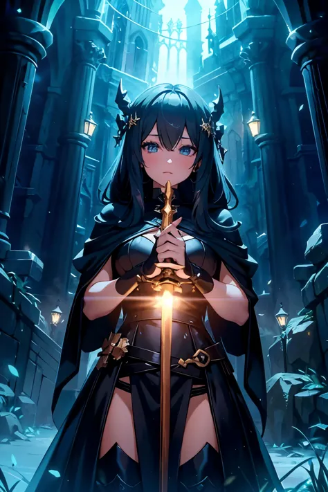 Style fantasy, a woman in black outfit , the girl holding a big gold luminescent sword, extremely detailed type germe, beautiful outdoor,many lights effects,magic effets, Ray tracing, rtx, full details, high quality, HD, beautiful succube, Reine des Dragon...