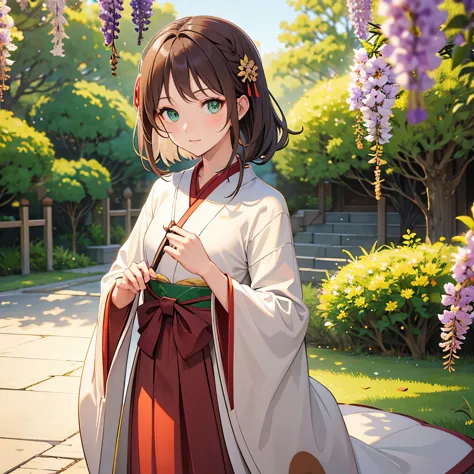 brown hair，wisteria flower，green eyes，japanese clothing，neutral