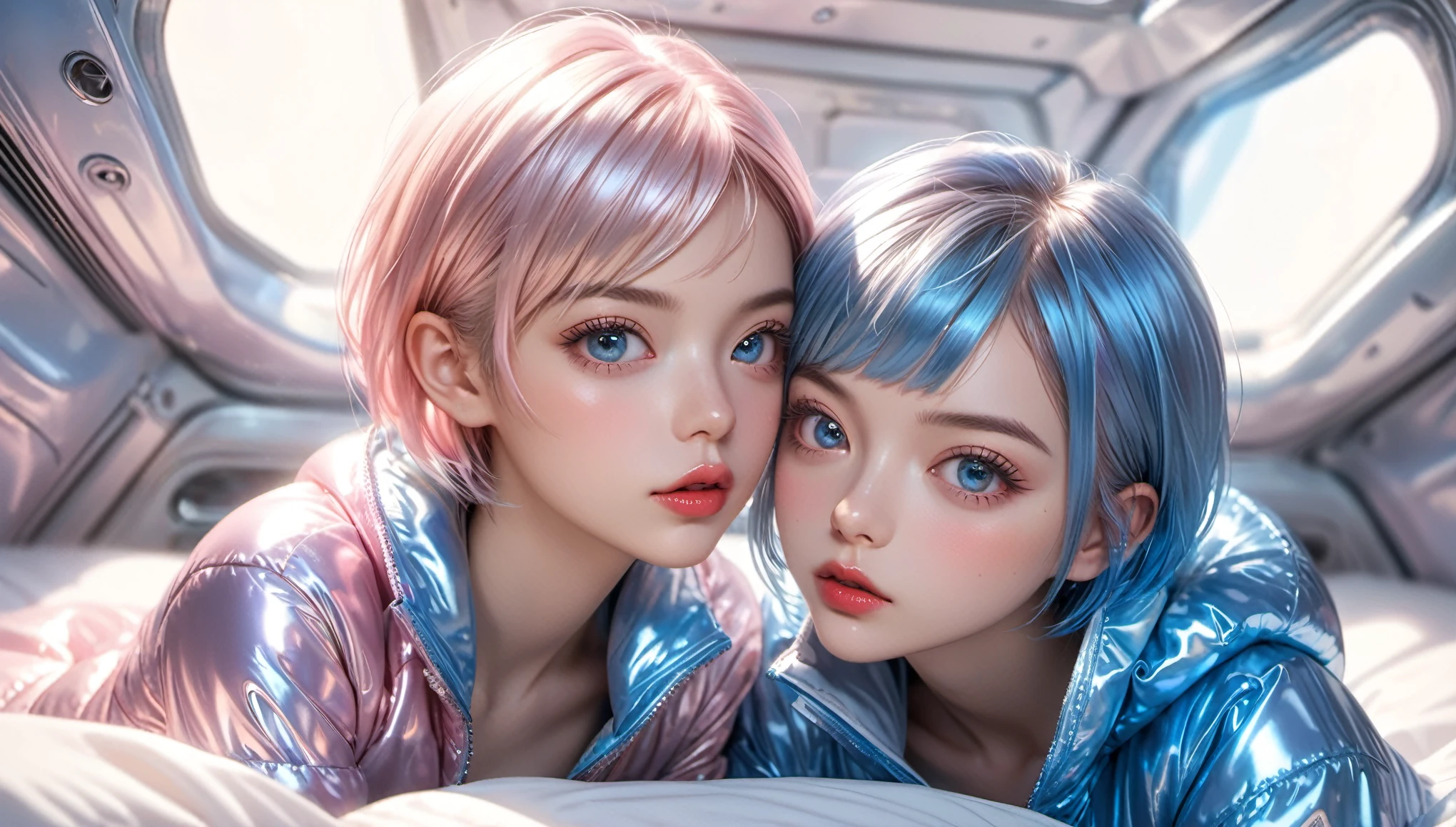 Masterpiece, Best Quality, ((2 cute girls kissing in a light pink blue wide open shiny puffer, short sleeves, small perky breasts, extremely detailed face, beautiful detailed slightly open eyes, beautiful detailed lips, pixie side shaved hair, small hips, in a spaceship, on bed, ultra wide view))