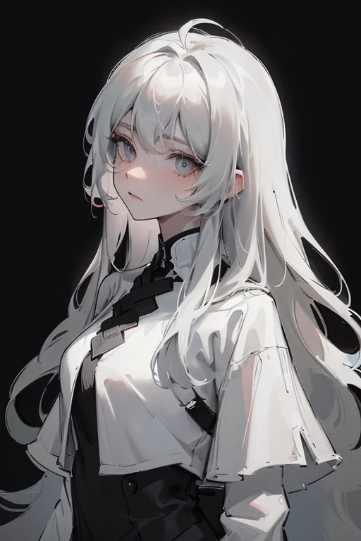 masterpiece, best quality, portrait of 1girl, adult woman, black background with a gray gradient from below, long hair, clothes are a narrow dress, white light is falling from above, she holds her hands behind her head, looks straight at the camera, The style is a black and white sketch image
