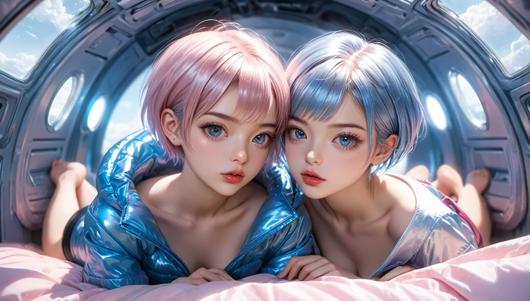 Masterpiece, Best Quality, ((2 cute girls kissing in a light pink blue wide open shiny puffer, short sleeves, small perky breasts, extremely detailed face, beautiful detailed slightly open eyes, beautiful detailed lips, pixie side shaved hair, small hips, in a spaceship, on bed, ultra wide view))