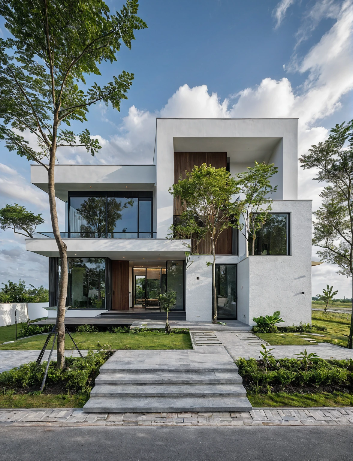 Masterpiece, high quality, best quality, authentic, super detail, outdoors, onestoreyvillaXL, aiaigroup, house style modern on the street ,stairs, white wall ,road,pavement, grass, trees, sky, cloud, (daylight:1.1)
