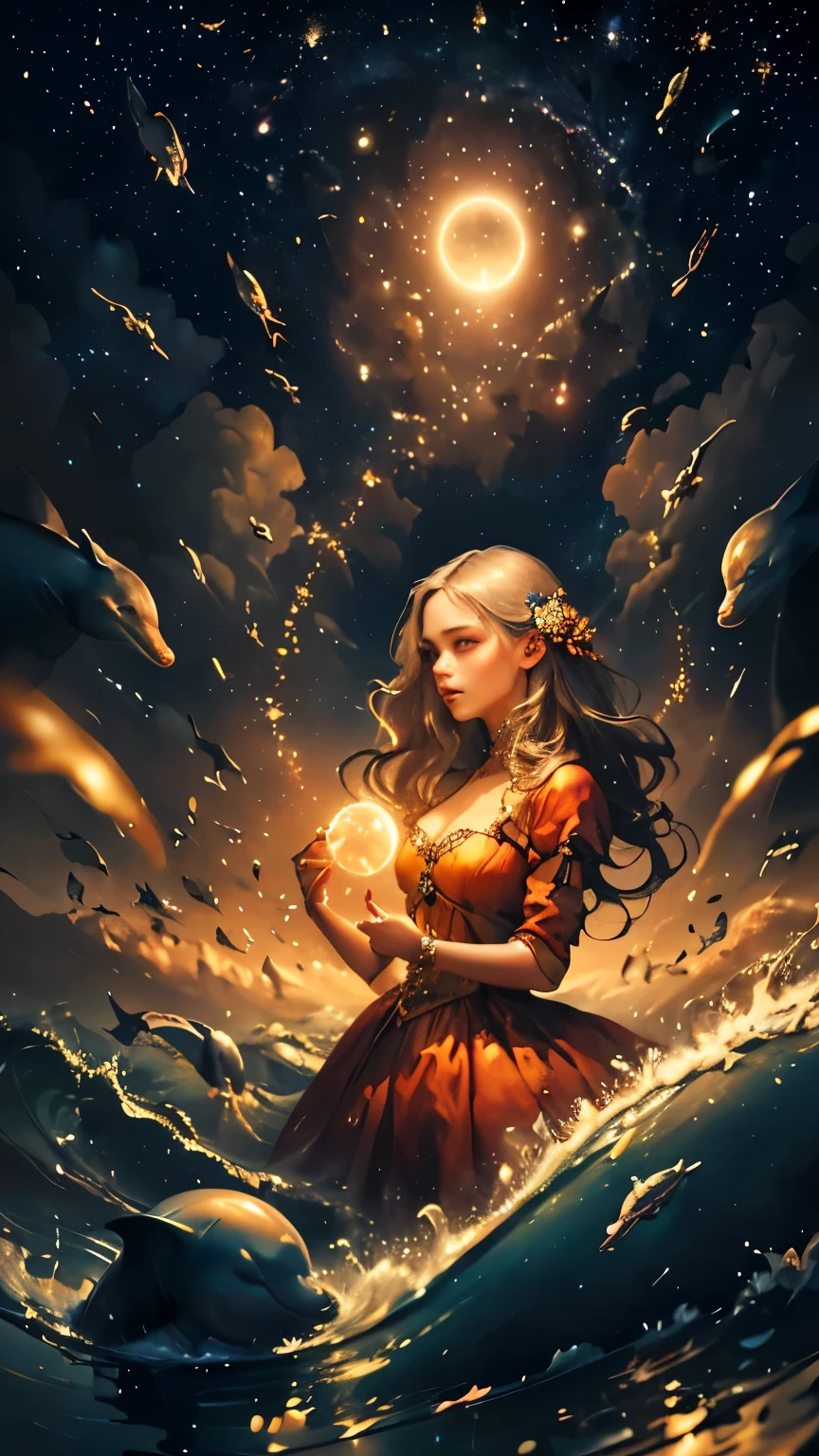 Semi-portrait, highest quality, masterpiece, High resolution, (Photorealistic:1.4), Surrealism, wonderful, 1 girl, Starry Sky, night, performer, flower, Wave, Dolphin, Mysterious atmosphere, Perfect Face, (Realistic) A sorceress in a cloud universe and shining stars and galaxy, Add to her (Gentle and easy-going) exterior. She is holding a glowing orb that has swirls of color. The big picture is (highest quality, High resolution) and (Very detailed), (Realistic) color. A dreamy and fantastical color palette. The lighting is soft, Casts subtle shadows. 8K Cinematic, Volumetric lighting, Golden Ratio
