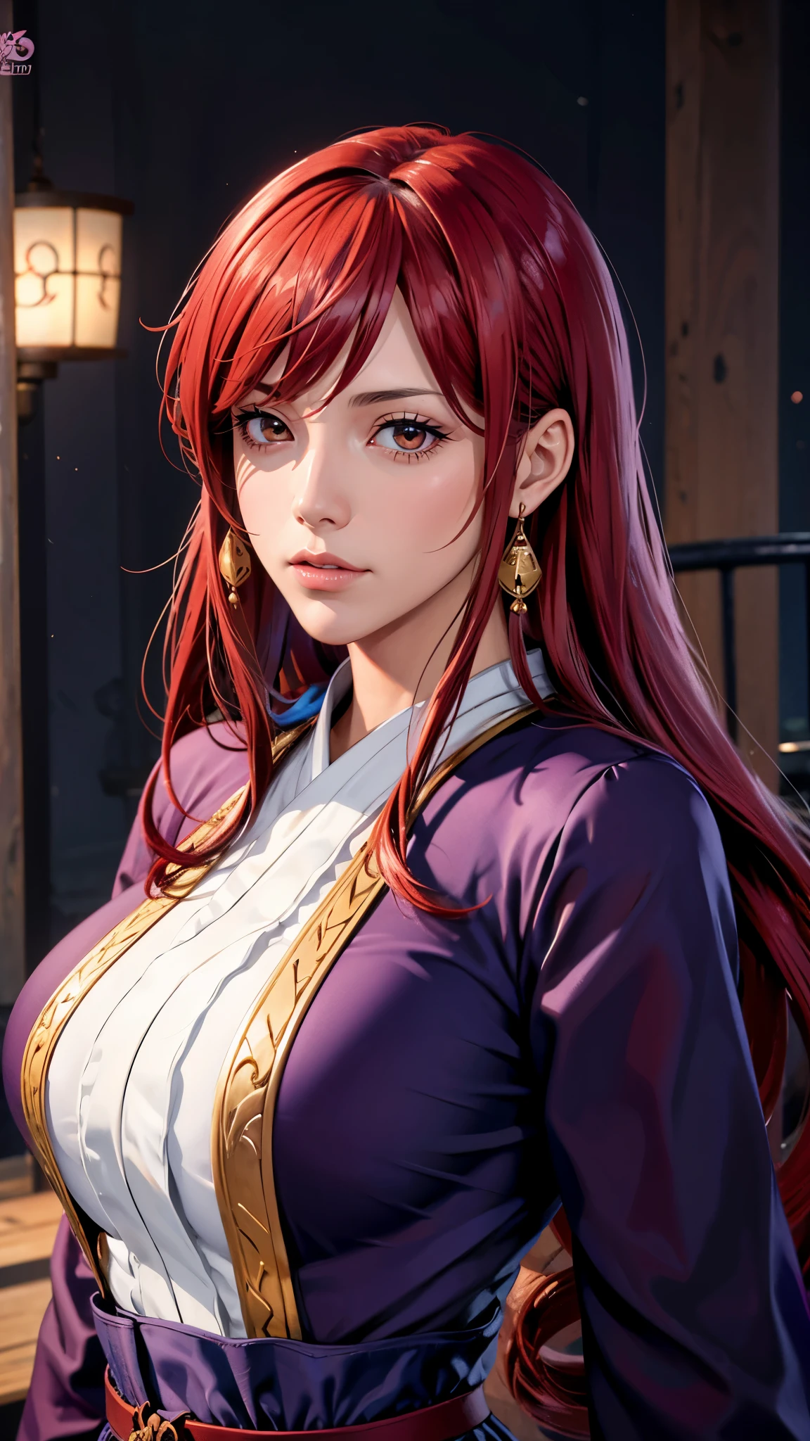 （（（Perfect figure，figure，独奏， （（（Japanese clothing, purple kimono,Black strap  ））），（（（fairy tail, long hair, red hair, brown eyes, hair over one eye））），((masterpiece)),high resolution, ((Best quality at best))，masterpiece，quality，Best quality，（（（ Exquisite facial features，Looking at the audience,There is light in the eyes，(（（Lol，confidence））)，））），型figure:1.7））），（（（Light and shadow，Huge breasts））），（（（Looking at the camera，black background，）））