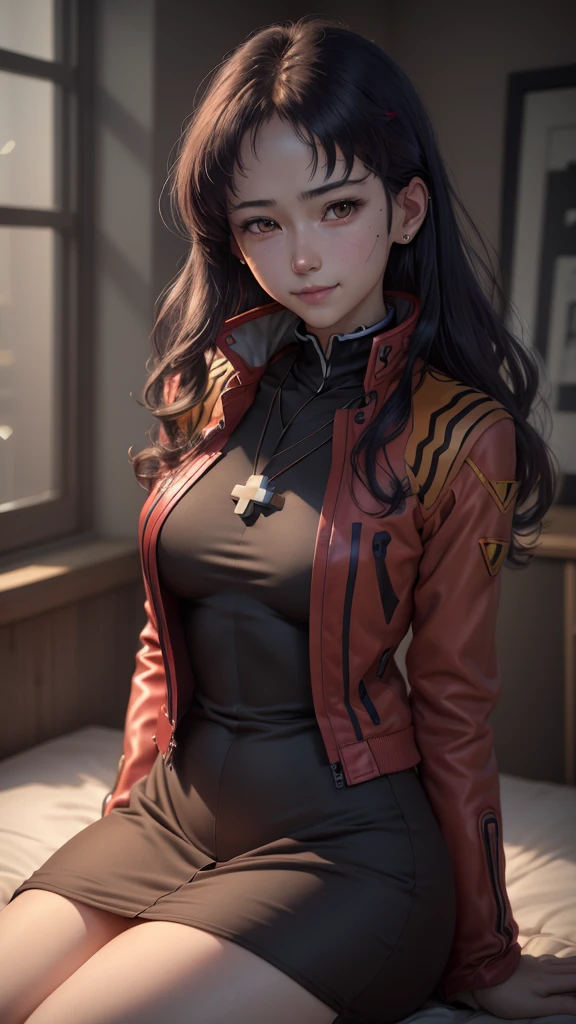 (Realistic, photoRealistic),(masutepiece, High quality, Best Quality), (Colorful),(Delicate eyes and face), volumatic light, Ray tracing, the Extremely Detailed CG Unity 8K Wallpapers, masterpiece, highest quality, Misato, Iris, Parted bangs, Long Hair, Earrings, Cross Necklace, Red jacket, Long sleeve, Black Dress, Large Breasts, Put your arms behind your head, look up, cloud, null, night, smile, Sitting, From the side
