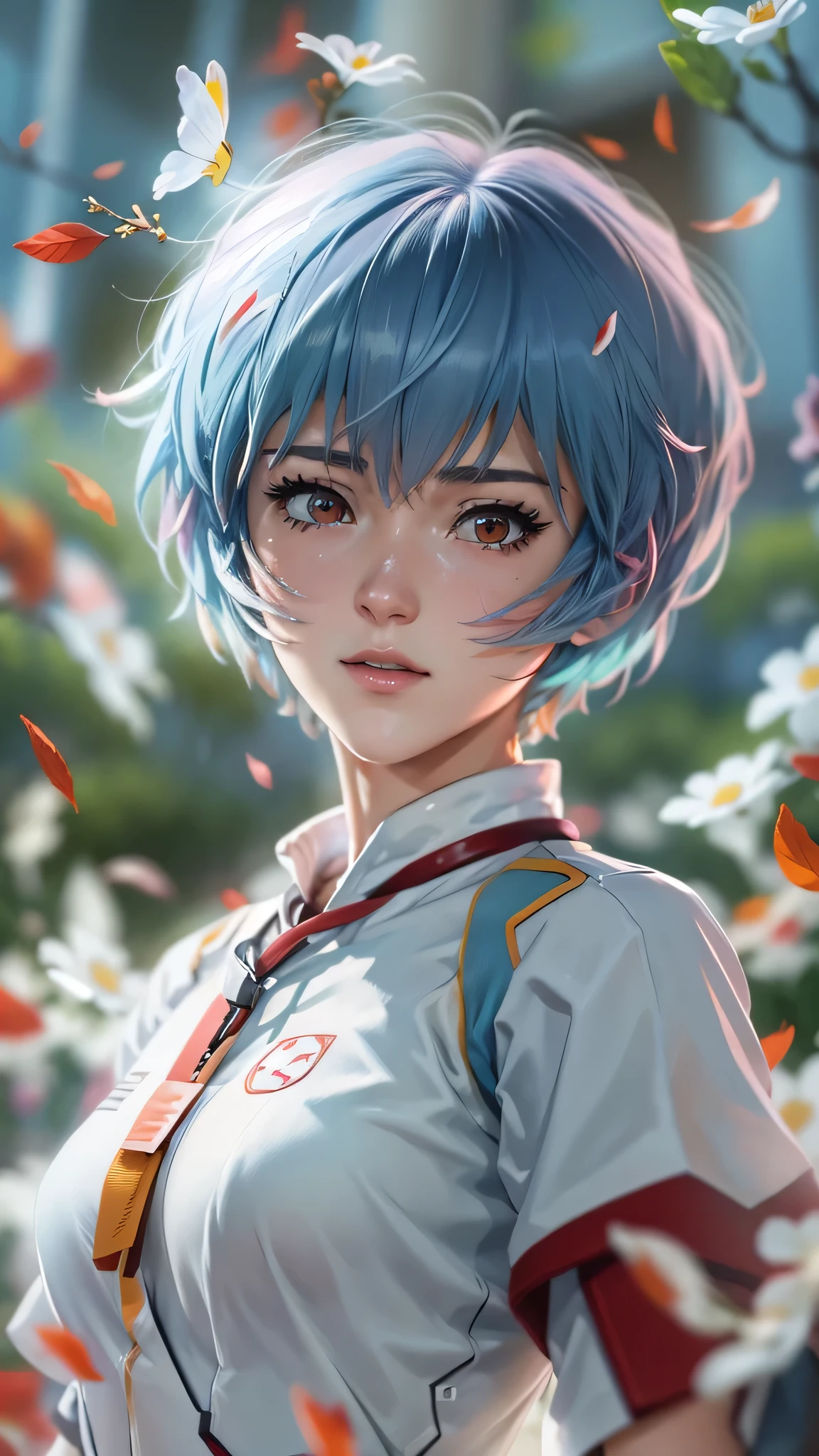 (Realistic, photoRealistic), Ayanami rei, 1girl in, Blue short hair, red eyes, uniform, (masutepiece, High quality, Best Quality), (Colorful),(Delicate eyes and face), volumatic light, Ray tracing, the Extremely Detailed CG Unity 8K Wallpapers, Solo((flying petal)), classroom, noon