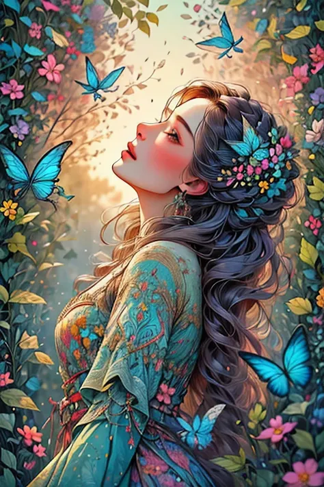 (best quality, masterpiece, highres:1.3), detailed, a woman looking up to the heavens, a blue butterfly patterned dress, blue bu...