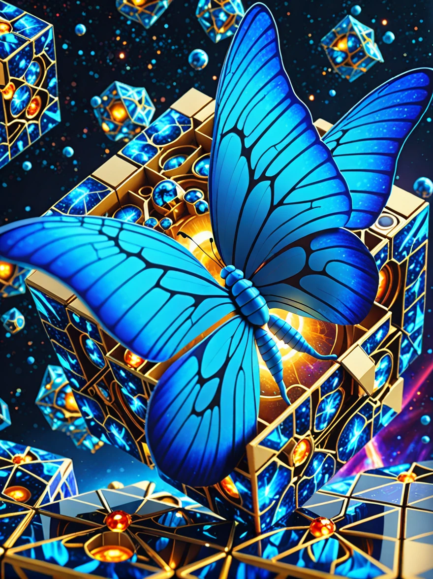 Blue butterfly body fragment, (solo:1.3), 3d cube fragment of blue butterfly body, Cube and sphere detached from the surface, A CGI surreal masterpiece, Vibrant colors, Edge lighting, Mechanical crushing, Biosphere decomposition, High Detail, Floating parts, Detailed cosmic background, Fractal Art, Galaxy Light Vision, 8k, Astral Concept Art, Sharp lines
