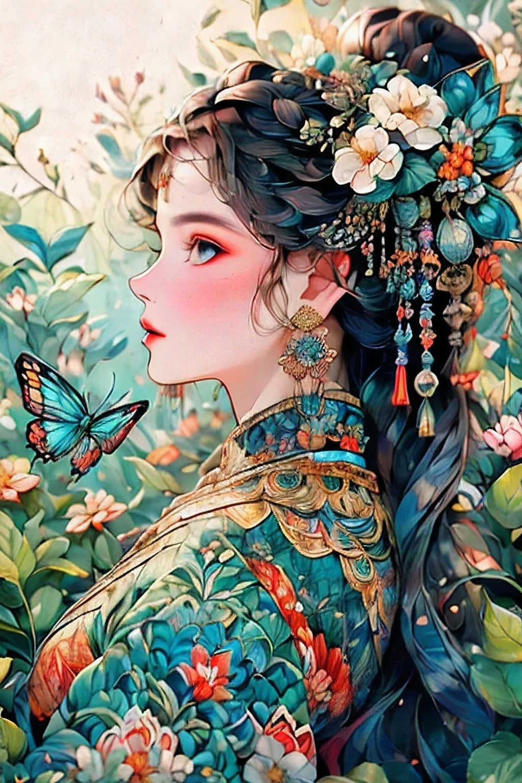 (最好的质量, 杰作, 高分辨率:1.3), 详细的, 仰望天空的女人, 蓝色蝴蝶图案连衣裙, 蓝色的蝴蝶在色彩鲜艳的花朵上飞舞, 令人难以置信的美丽, 禅绕画风格