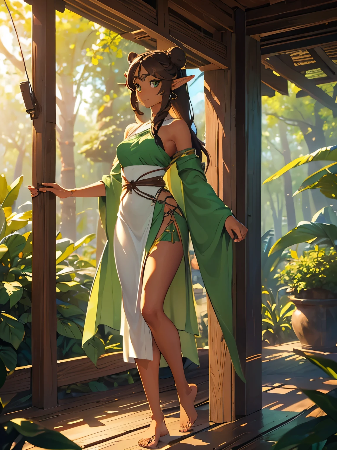 masterpiece, high quality, illustration, extremely detailed, cg unity 8k, ((summer: 1.4)), 1_women, ((full body)), (tan exotic skin_complexion:1.4), mature, statuesque, beautiful, exotic, with long elf ears, smiling, (((looking away from viewer))), medium breast, thigh gap, (wearing ((green)) diaphanous robes), white blackless halter top dress, bare_shoulders, bare foot, (((long brown hair))), ((twin hair buns)), detailed face having (((hazel eyes)), dark_eyeliner, long_eyelashes), natural dynamic lighting casts detailed shadows, forest, temple 