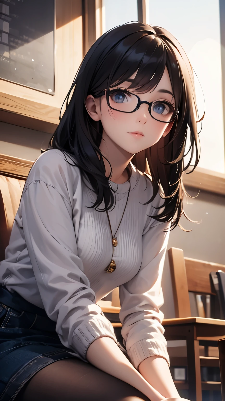 ((Beautiful Face)), Rembrandt Lighting, (masterpiece:1.2), (highest quality), (Detailed skin:1.3), (Intricate details), Black Hair, Long Hair, Glasses, Gazing at the audience, Summer knitwear, shirt, University professor, 40 years old, University campus, Beautiful Eyes, stockings, Composition looking up from below