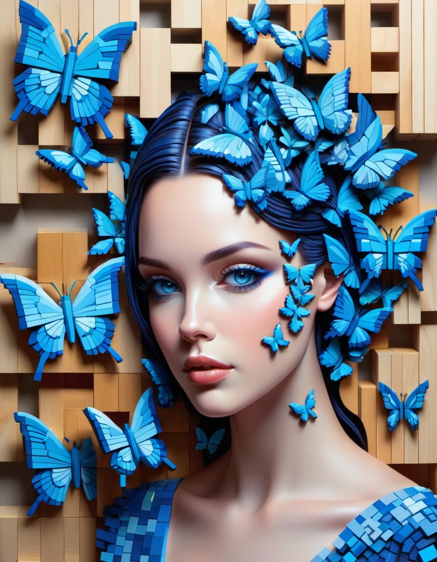 Pixel art，L&#39;artiste australien Gil Bruvel utilise des blocs de bois colorés pour créer des papillons bleus voxel，(seulement)