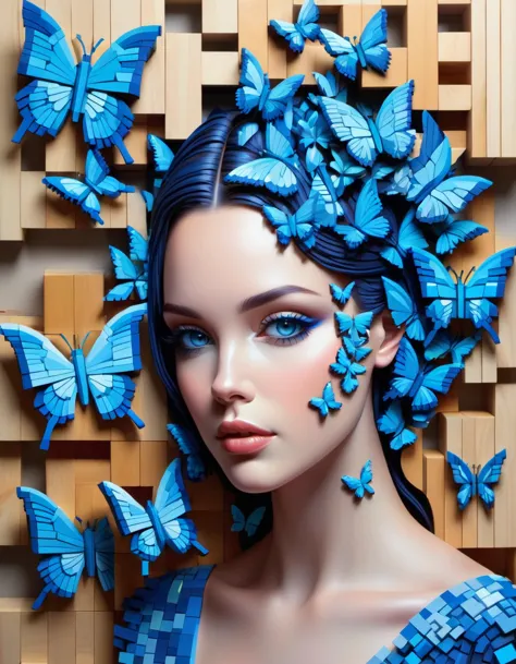 Pixel Art，Australian artist Gil Bruvel uses colored wood blocks to create voxel blue butterflies，(solo)