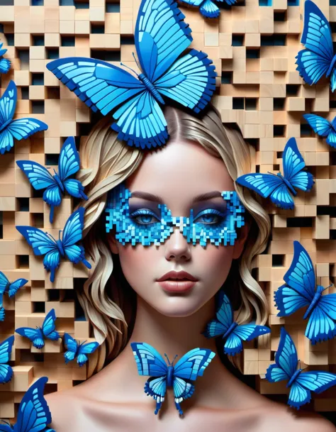 pixel art，australian artist gil bruvel uses colored wood blocks to create voxel blue butterflies，(solo)