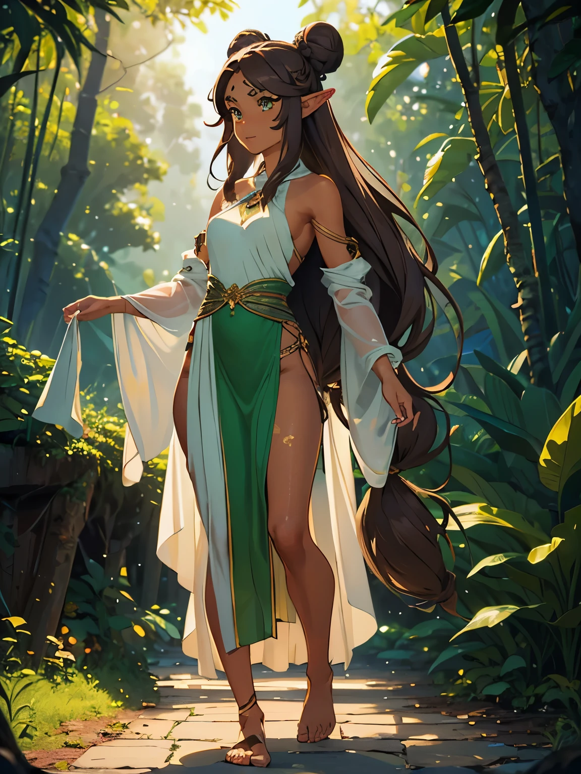 masterpiece, high quality, illustration, extremely detailed, cg unity 8k, ((summer: 1.4)), 1_women, ((full body)), (tan exotic skin_complexion:1.4), mature, statuesque, beautiful, exotic, with long elf ears, smiling, (((looking away from viewer))), medium breast, thigh gap, (wearing ((green)) diaphanous robes), white blackless halter top dress, bare_shoulders, bare foot, (((long brown hair))), ((twin hair buns)), detailed face having (((hazel eyes)), dark_eyeliner, long_eyelashes), natural dynamic lighting casts detailed shadows, forest, temple 